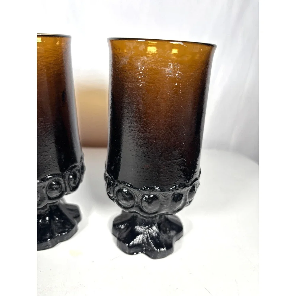 Vintage Indiana Glass Kings Crown Amber Goblets Tumblers Set Mid Century 4 Pc